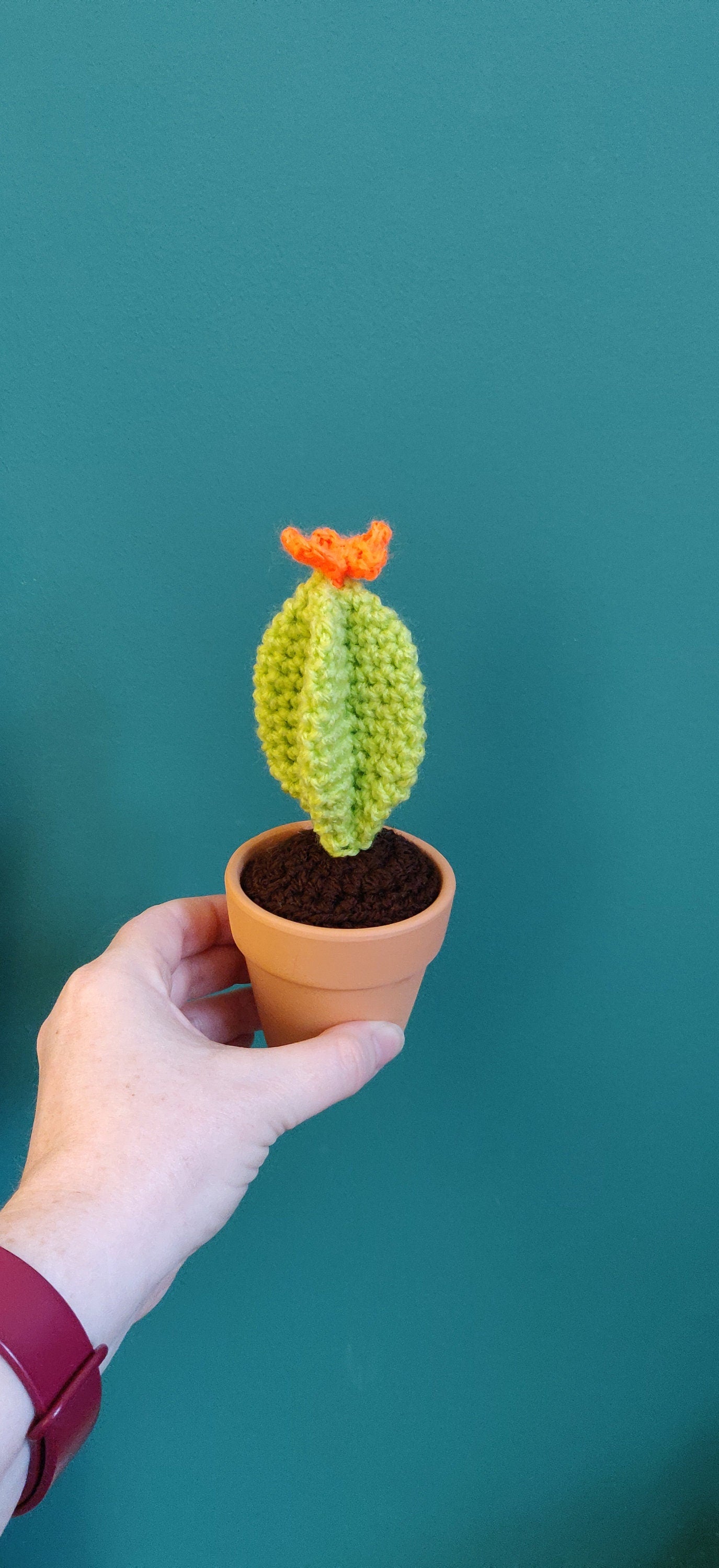 Mini Crochet Cactus with Orange Flower, Desk Decor