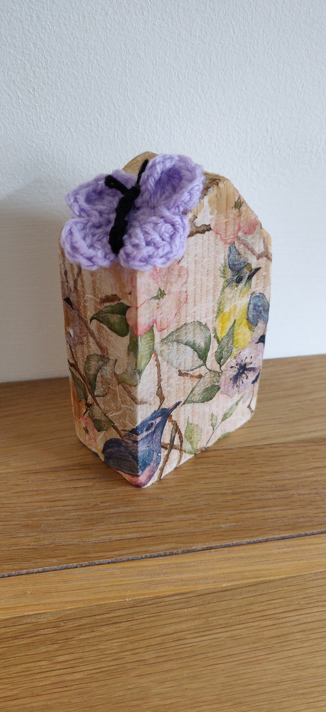 Wooden Bird House Ornament, Butterfly House, Paperweight, Crochet Purple Butterfly, Bluetit Home Decor, Wooden House, Unique New Home Gift