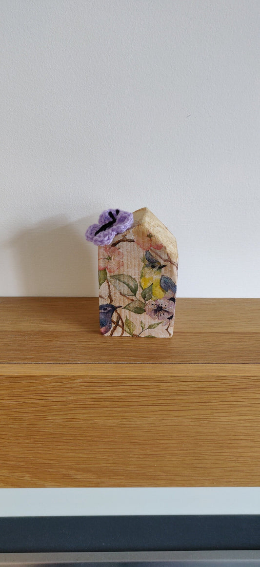 Wooden Bird House Ornament, Butterfly House, Paperweight, Crochet Purple Butterfly, Bluetit Home Decor, Wooden House, Unique New Home Gift