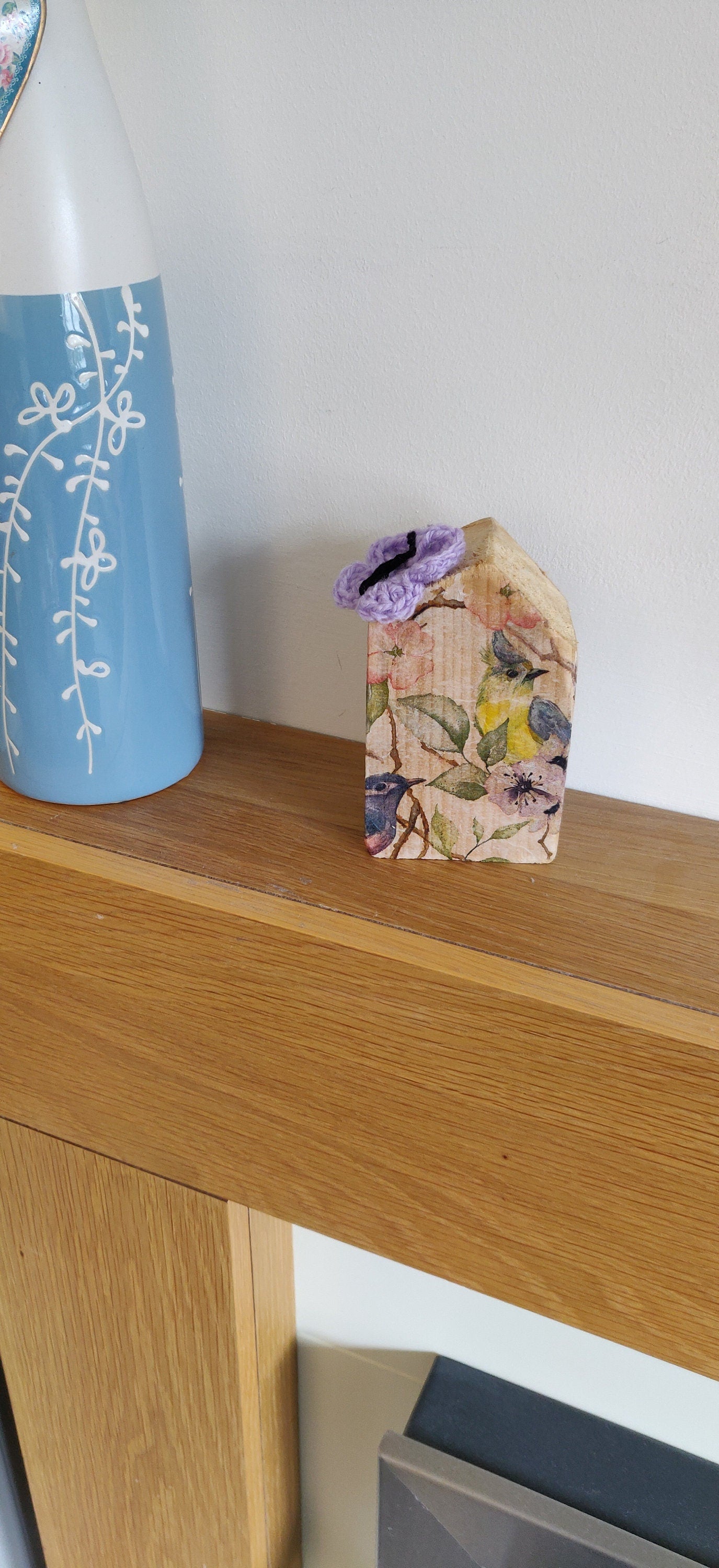 Wooden Bird House Ornament, Butterfly House, Paperweight, Crochet Purple Butterfly, Bluetit Home Decor, Wooden House, Unique New Home Gift