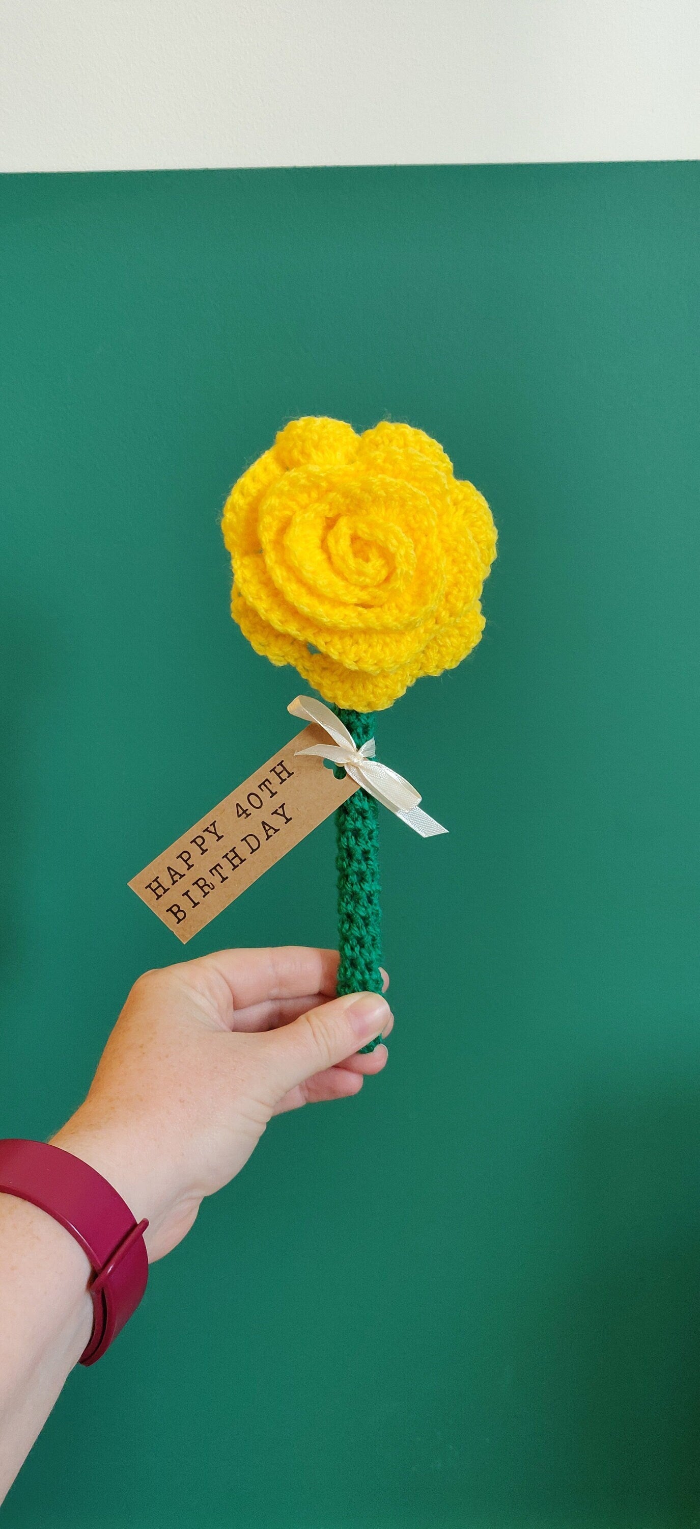 Personalized Crochet Yellow Rose, Milestone Birthday Gift