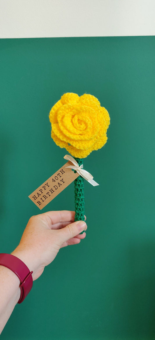 Personalized Crochet Yellow Rose, Milestone Birthday Gift