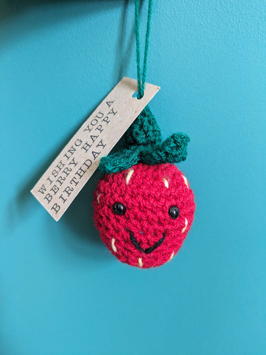 Crochet Strawberry Car Charm: Pun Gift Tag, Anniversary, Valentines Day