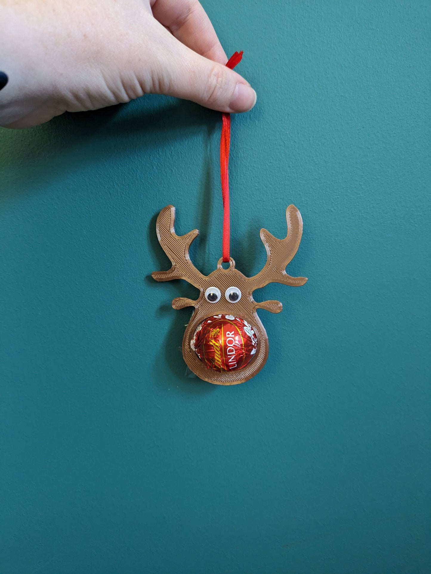 Chocolate Reindeer Christmas Hanging Decoration, Xmas Bauble, Rudolf Red Nose Reindeer Ornament, 3D Printed Deer Head, Lindt/Lindor Holder