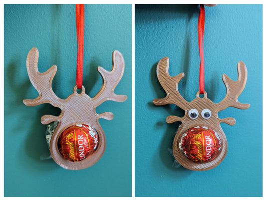 Chocolate Reindeer Christmas Hanging Decoration, Xmas Bauble, Rudolf Red Nose Reindeer Ornament, 3D Printed Deer Head, Lindt/Lindor Holder