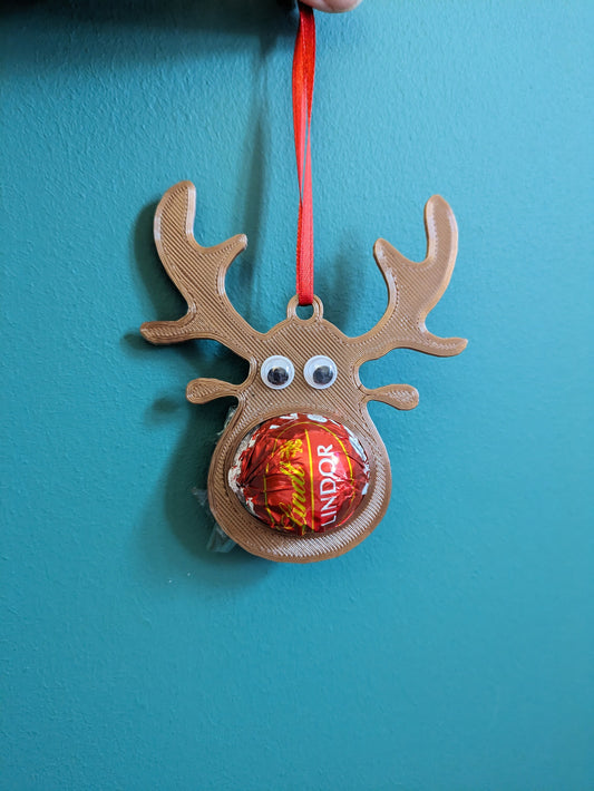 Chocolate Reindeer Christmas Hanging Decoration, Xmas Bauble, Rudolf Red Nose Reindeer Ornament, 3D Printed Deer Head, Lindt/Lindor Holder