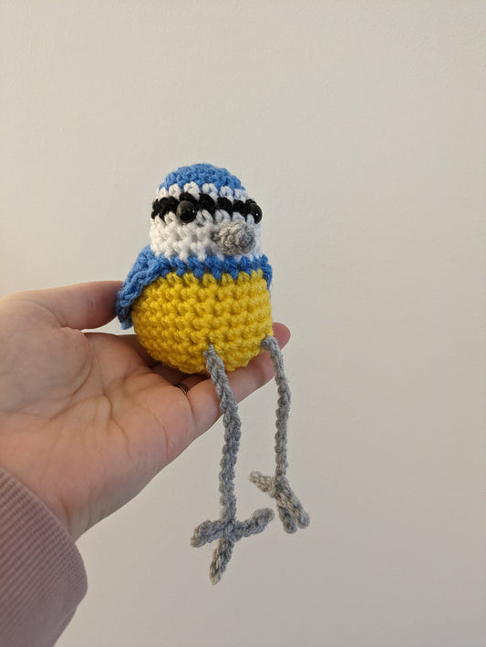 Crochet Bluetit Bird Figurine, Shelf Sitter Ornament
