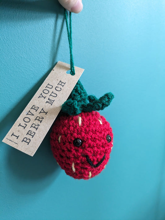 Crochet Strawberry Car Charm: Pun Gift Tag, Anniversary, Valentines Day