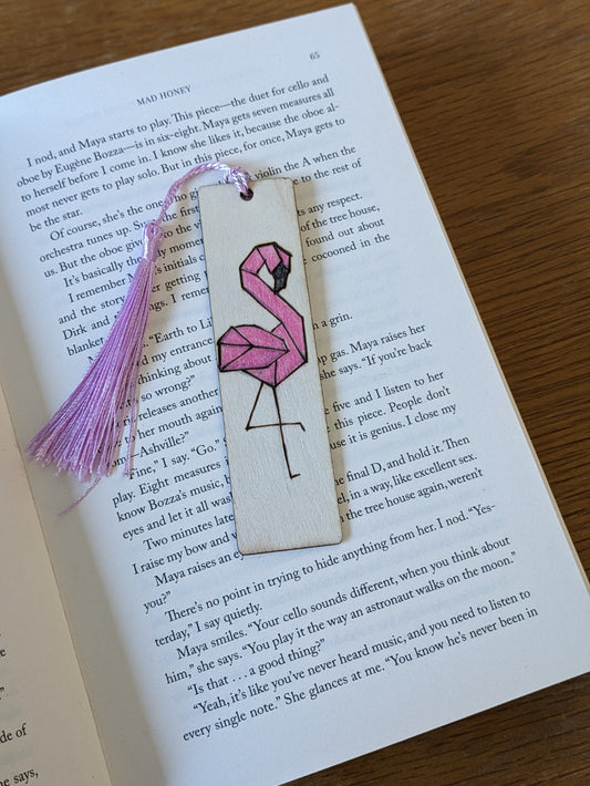 Pink Flamingo Bookmark Gift, Wooden Bird Book Marker, Book Accessories, Tassel, Book Lover Gift, Geometric Design, Wood Burnt