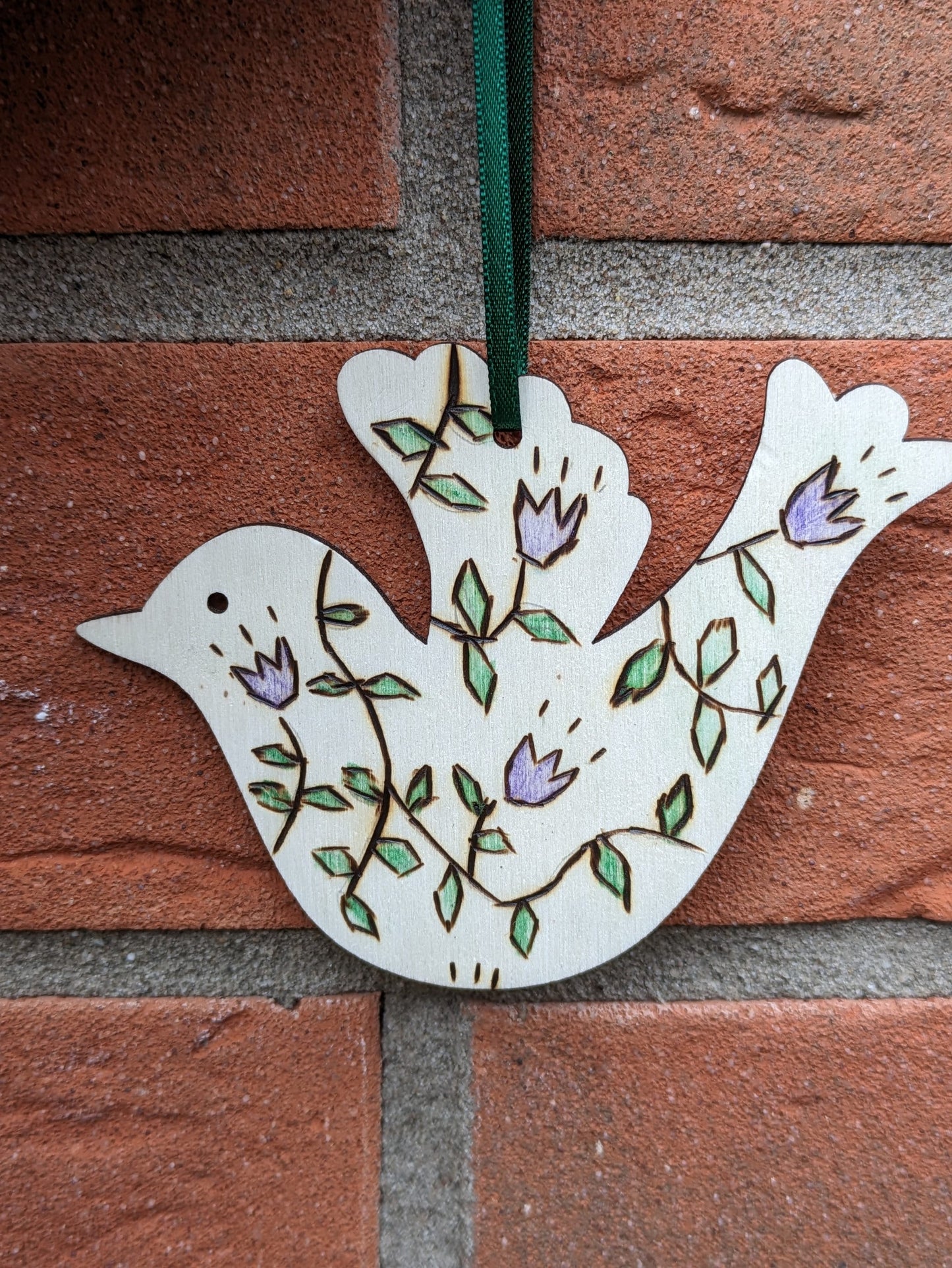 Wooden Bird Decoration, Hanging Ornament, Wood Burnt Floral Design, Bird Figurine Birthday Gift, Purple Tulip Drawing, Handmade Pyrography
