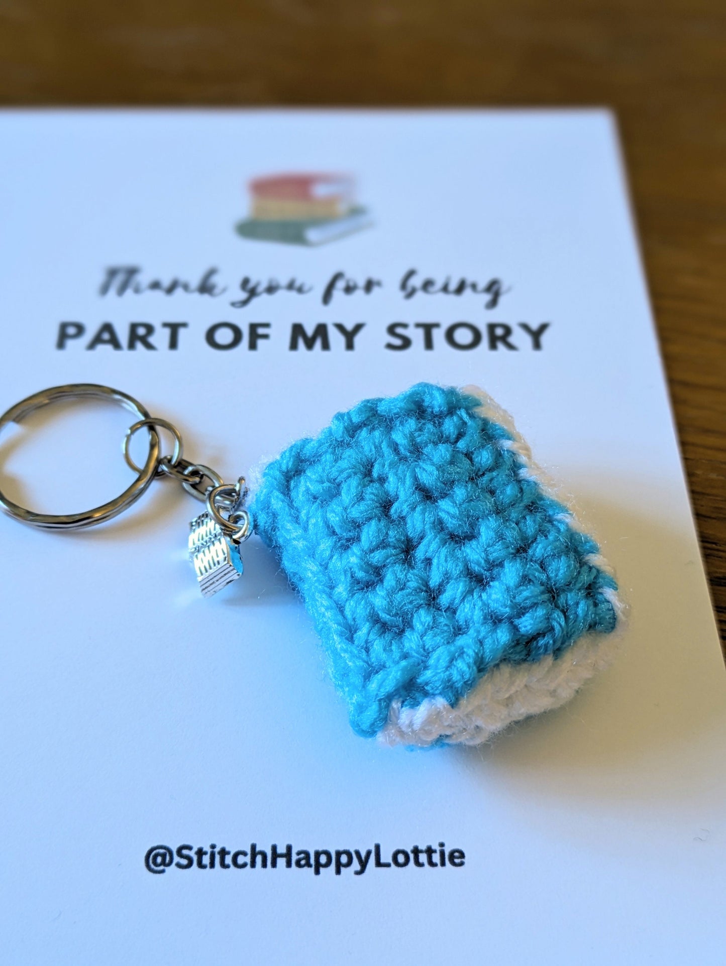 Crochet Book Keyring, Thank You For Being Part Of My Story, Teacher Gift, Book Lover Gift, Stocking Filler, Book Bag Charm, Soft Key Chain