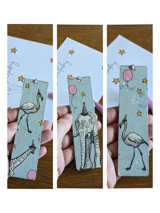 Birthday bookmarks, Elephant Bookmark, Party Hat Animals, Giraffe, Flamingo Birthday Gift, Fun, Cute Bookmark, Wooden Bookmark with Tassel