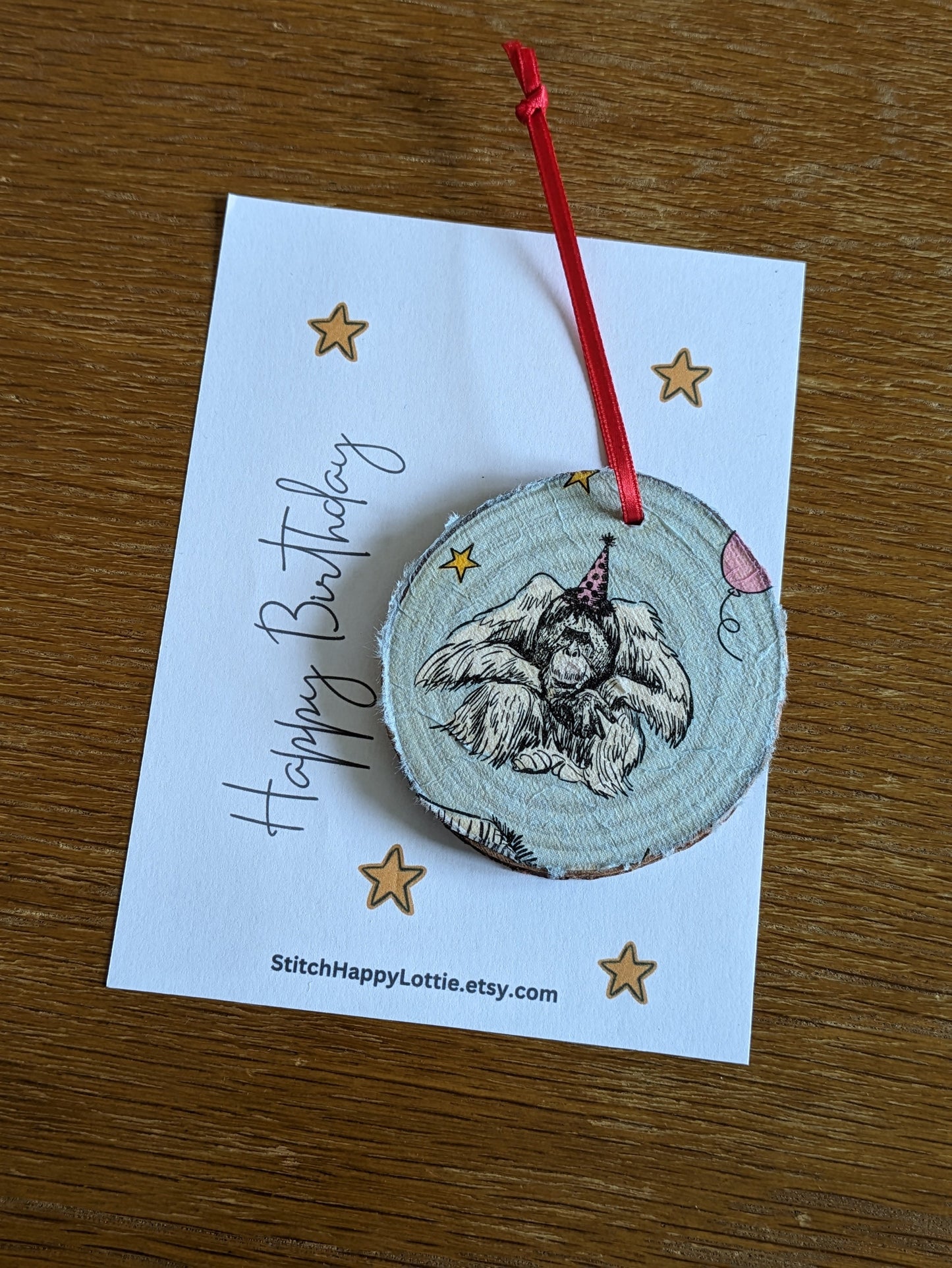 Grumpy Monkey Birthday Card, Wooden Hanging Decoration, Orangutan Present, Grumpy Happy Birthday Present, Animal Party Hat, Cheeky Chimp