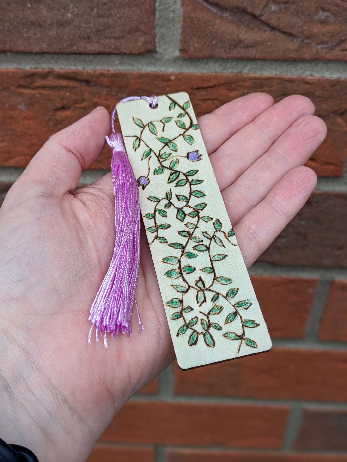 Wooden Bird Decoration, Hanging Ornament, Wood Burnt Floral Design, Bird Figurine Birthday Gift, Purple Tulip Drawing, Handmade Pyrography