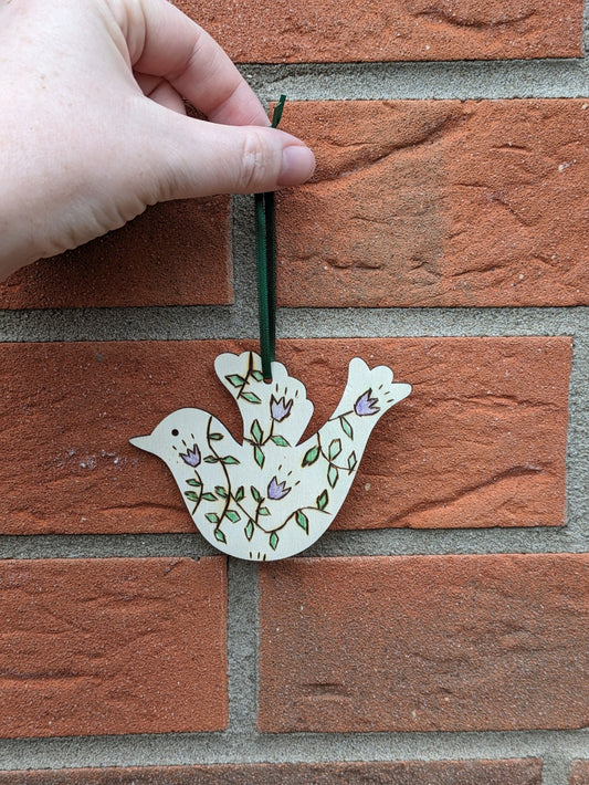 Wooden Bird Decoration, Hanging Ornament, Wood Burnt Floral Design, Bird Figurine Birthday Gift, Purple Tulip Drawing, Handmade Pyrography