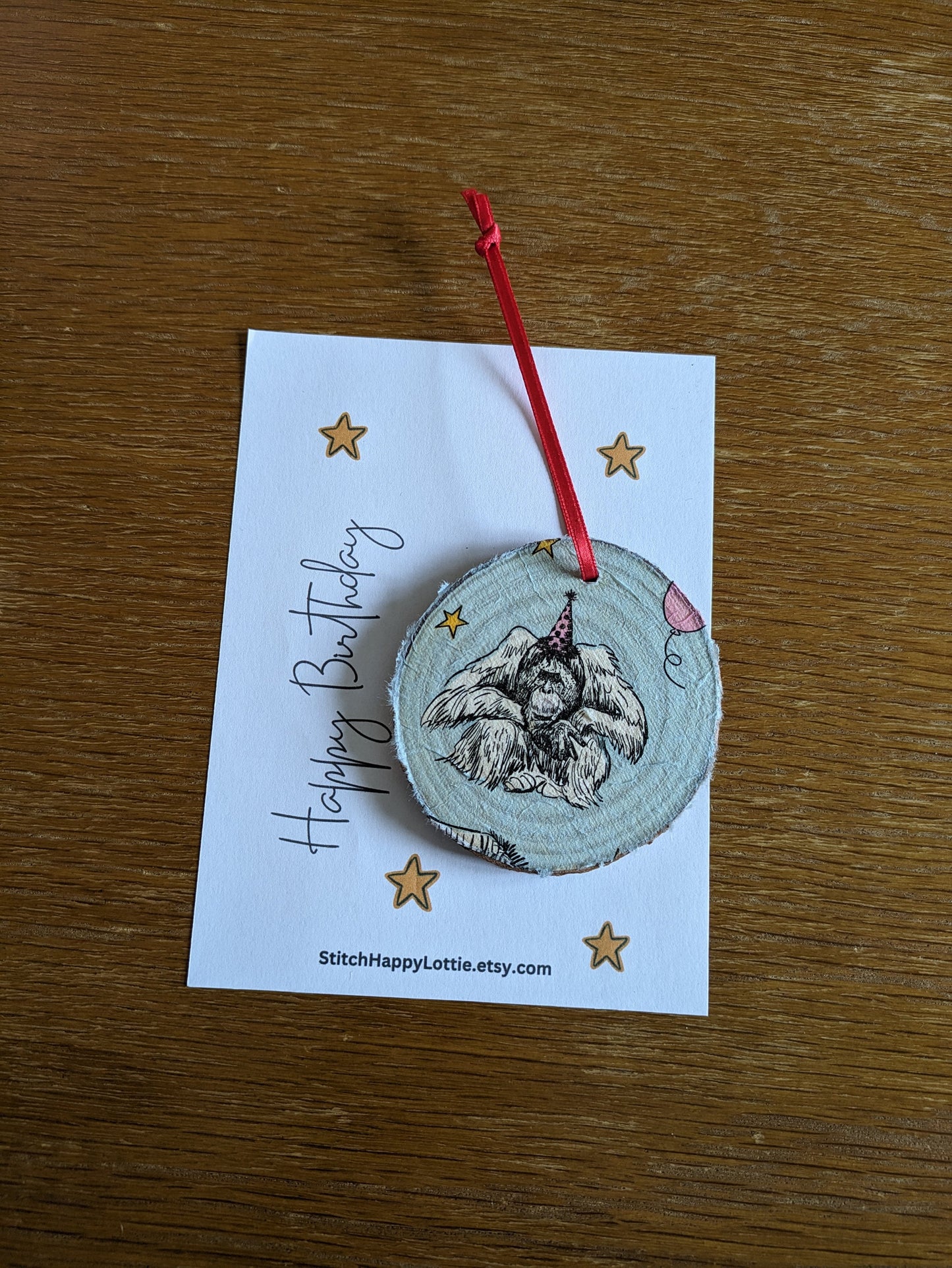 Grumpy Monkey Birthday Card, Wooden Hanging Decoration, Orangutan Present, Grumpy Happy Birthday Present, Animal Party Hat, Cheeky Chimp