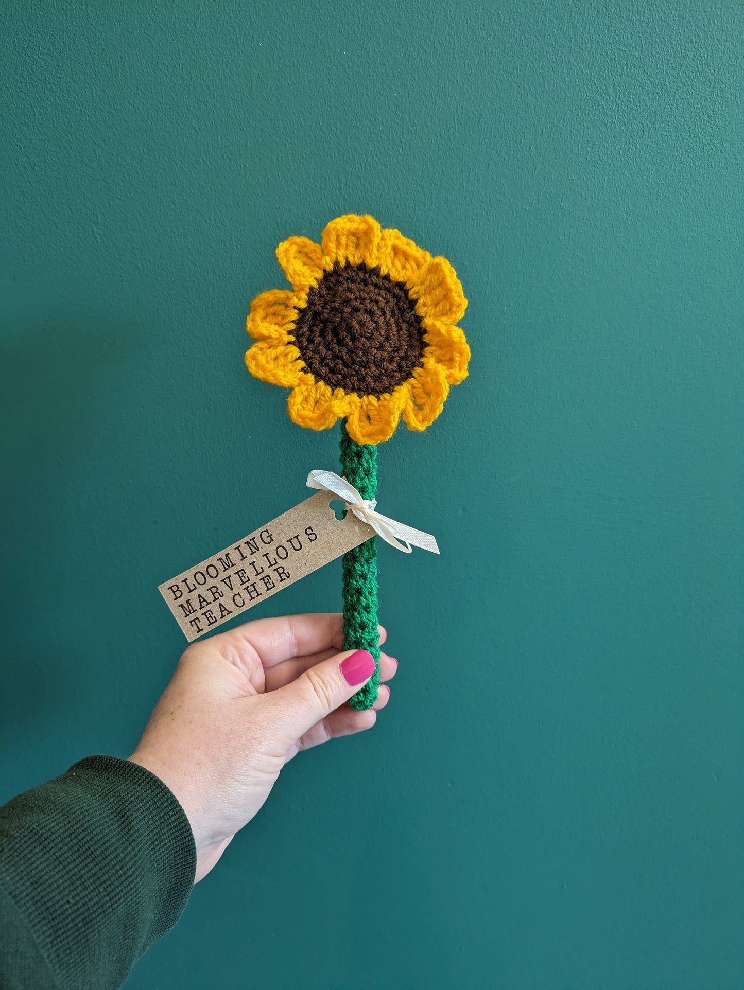Crochet Sunflower Teacher Gift, Personalized Tag