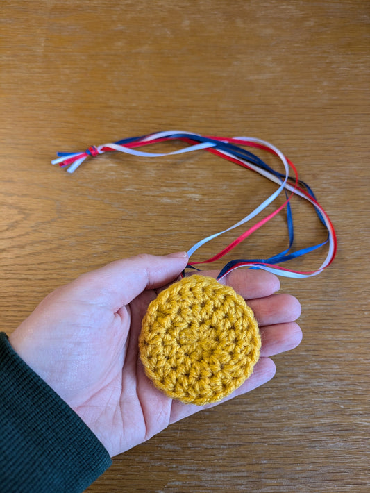 Crochet Gold Medal: Kids Sports Day Award with Ribbon