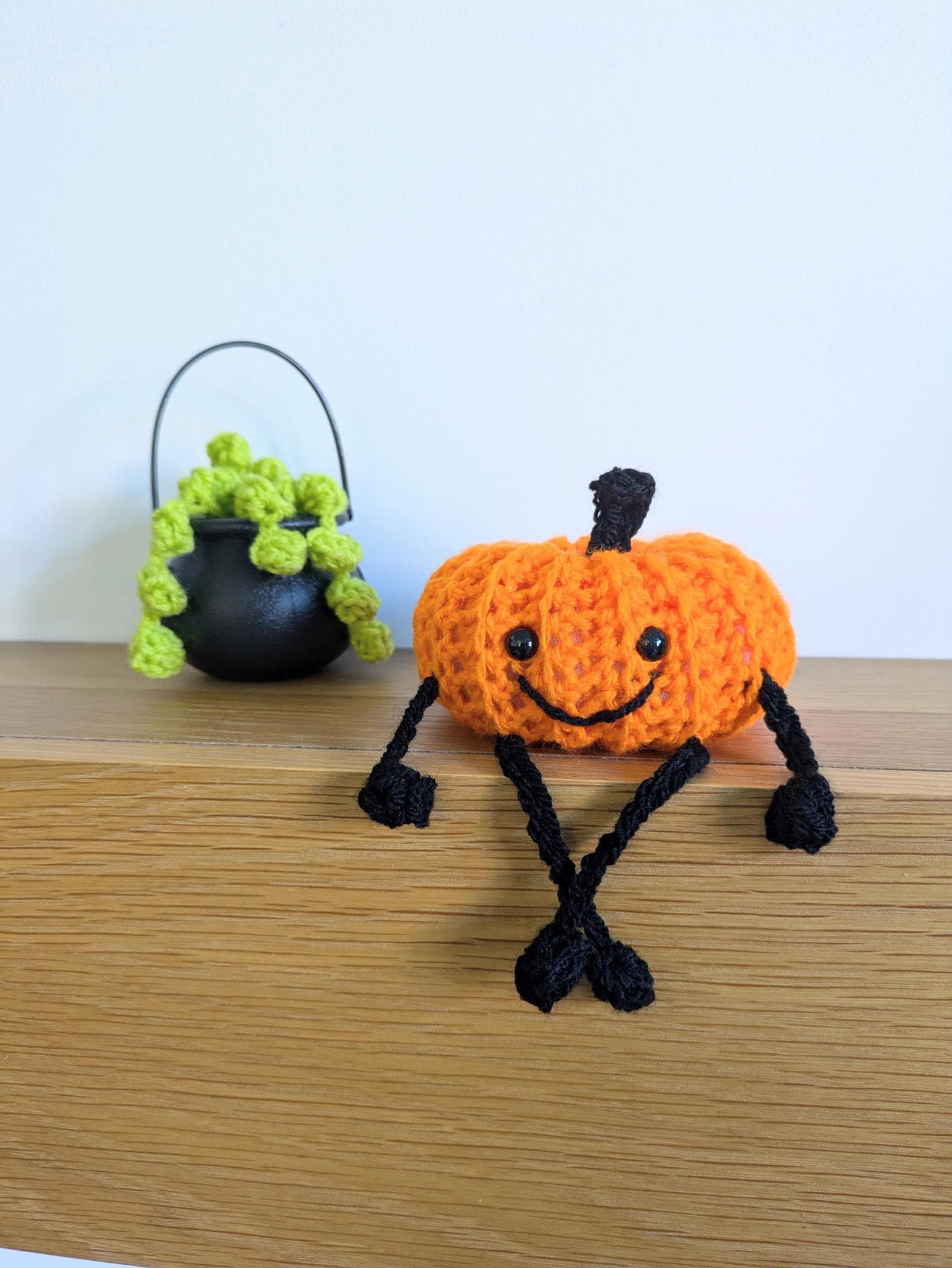 Crochet Pumpkin Shelf Sitter, Halloween Decor with Dangly Legs