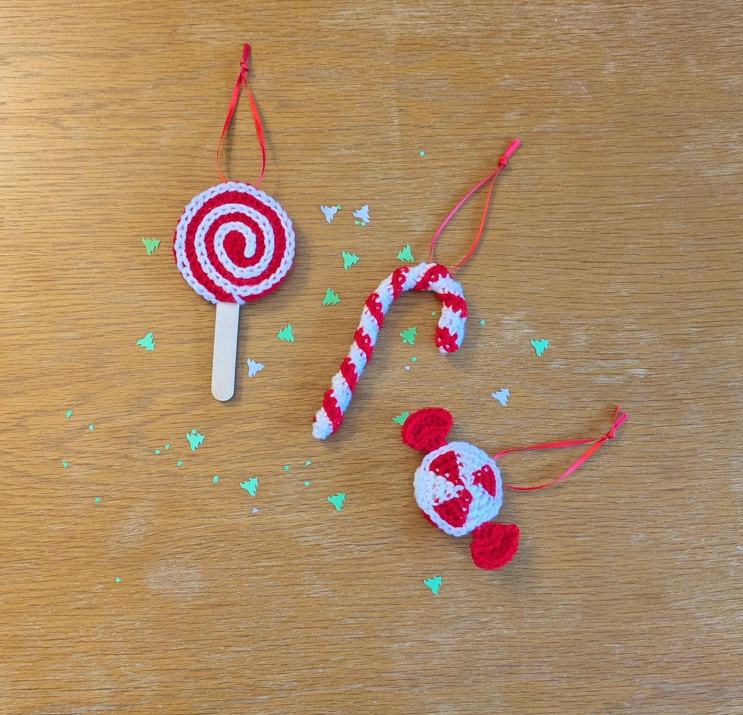 Crochet Candy Christmas Ornaments, Handmade Xmas Hanging Decs