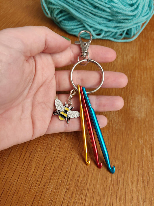 Crochet Hook Keyring: Mini Hooks & Bee Charm