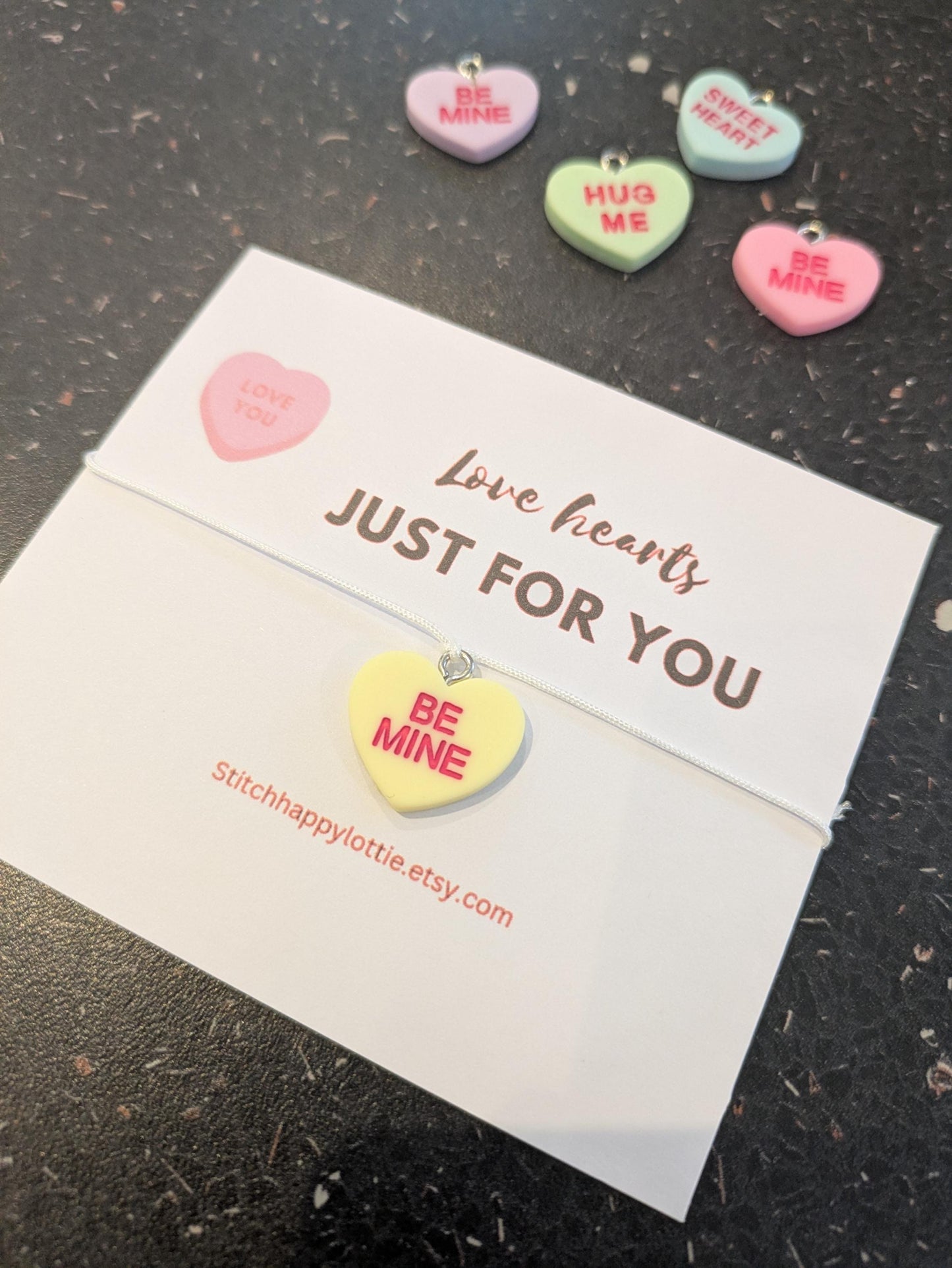 Candy Heart Charm Bracelet, Pastel Keepsake Jewellery, Adjustable Cord