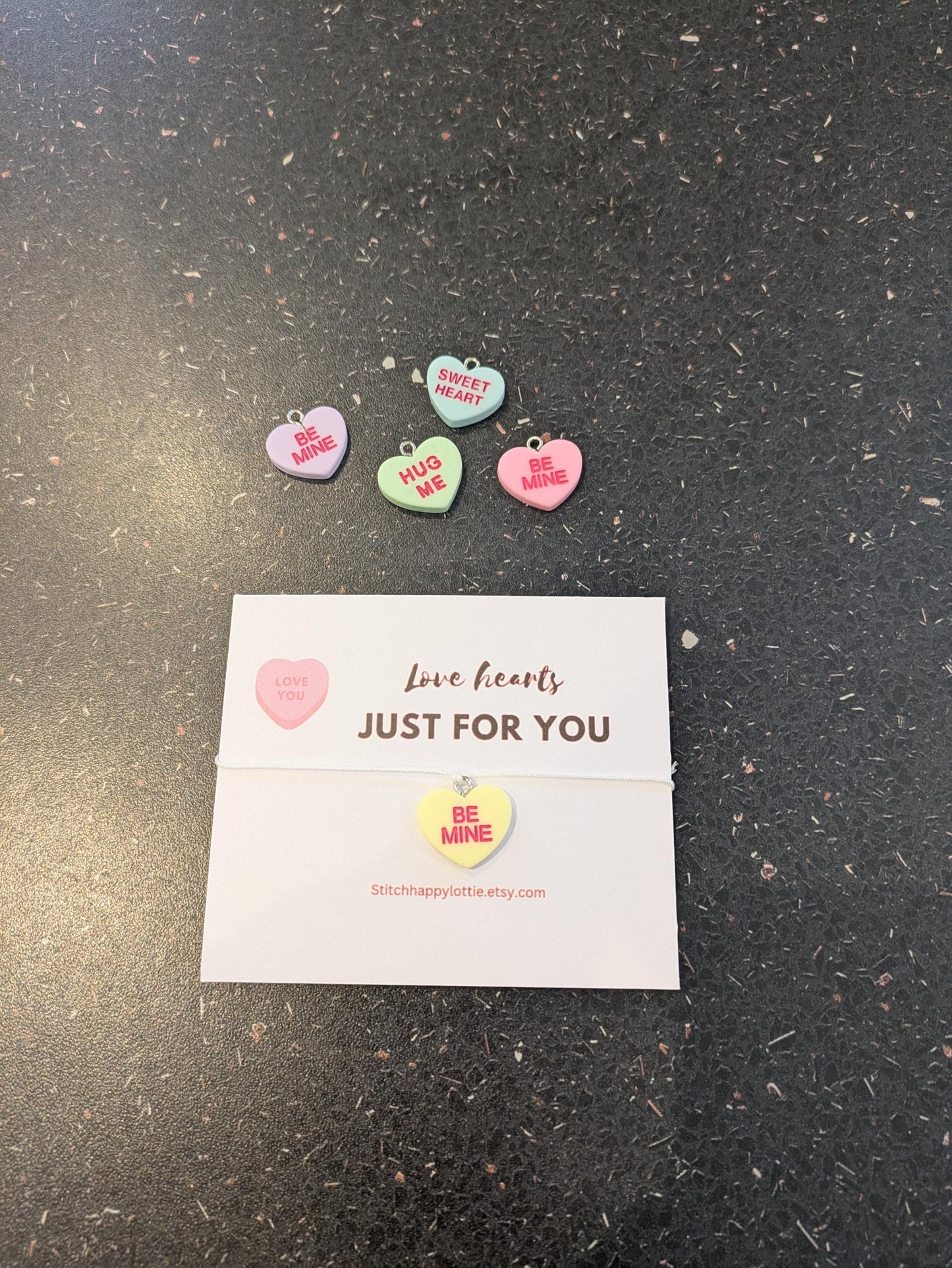 Candy Heart Charm Bracelet, Pastel Keepsake Jewellery, Adjustable Cord