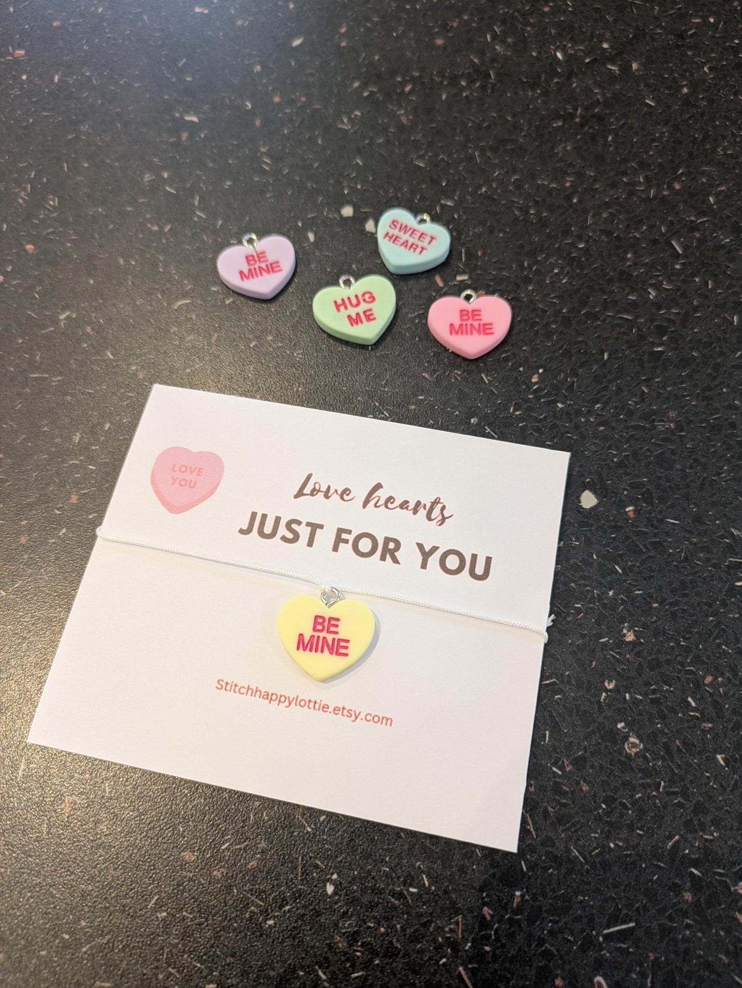 Candy Heart Charm Bracelet, Pastel Keepsake Jewellery, Adjustable Cord