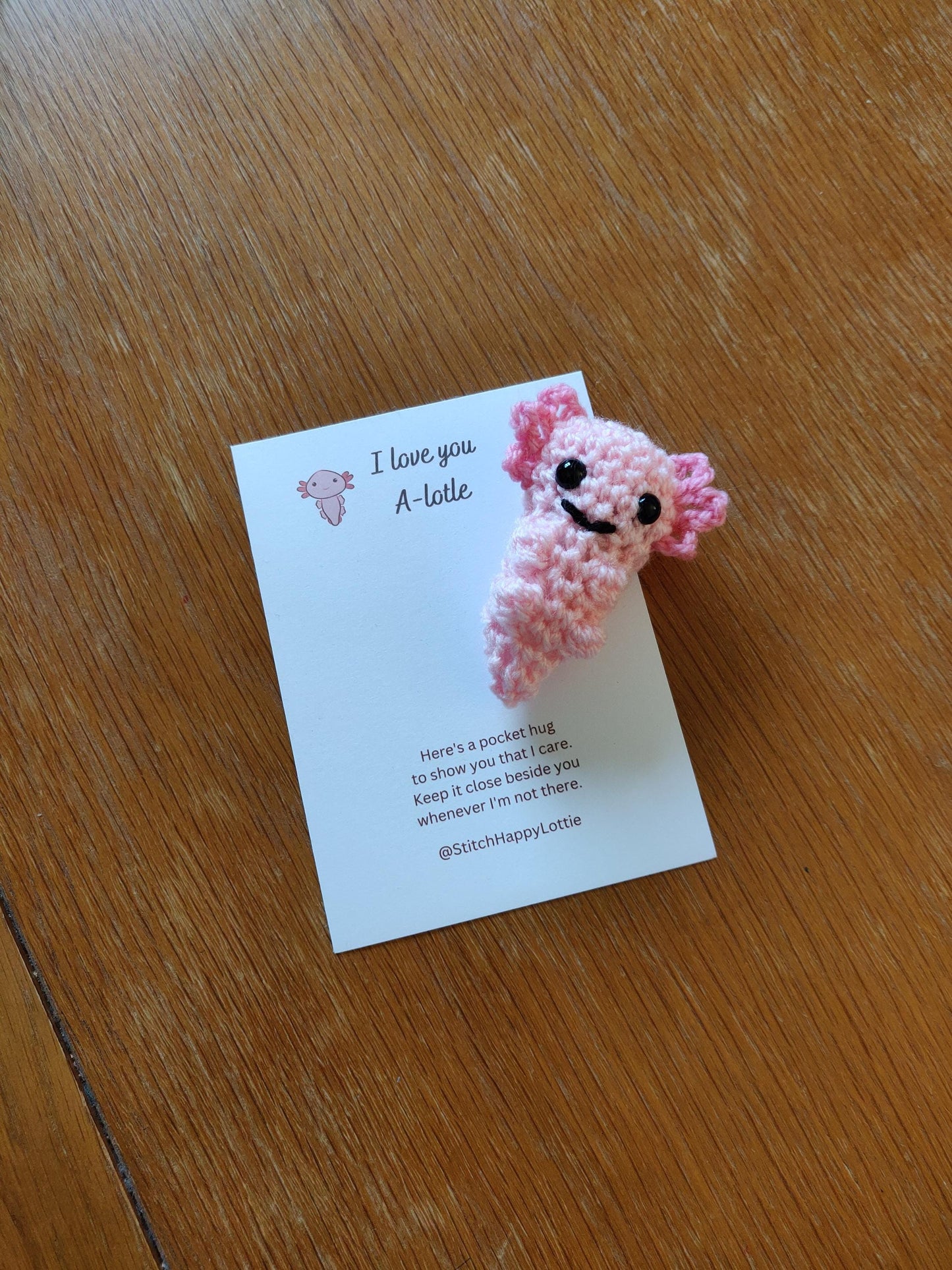 Crochet Axolotl Pocket Hug Token, Positive Gift Card, Valentines Day
