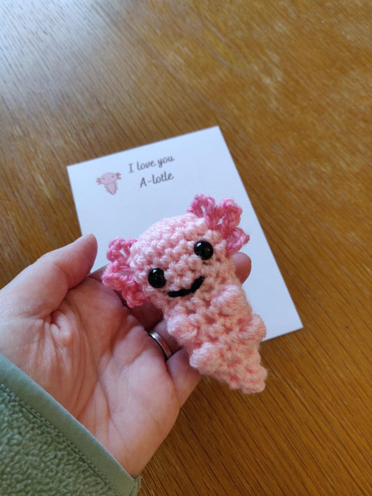 Crochet Axolotl Pocket Hug Token, Positive Gift Card, Valentines Day