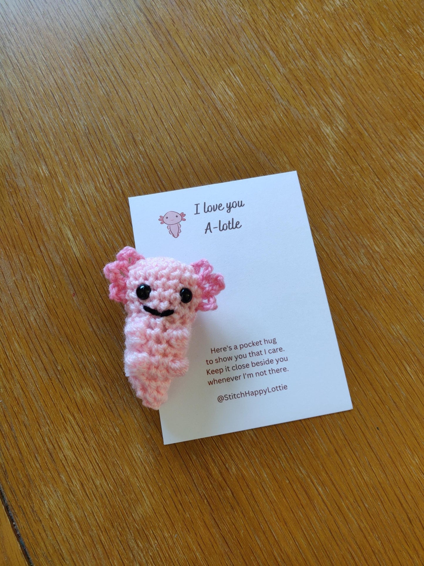 Crochet Axolotl Pocket Hug Token, Positive Gift Card, Valentines Day
