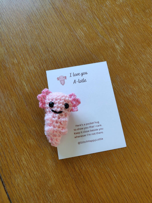 Crochet Axolotl Pocket Hug Token, Positive Gift Card, Valentines Day