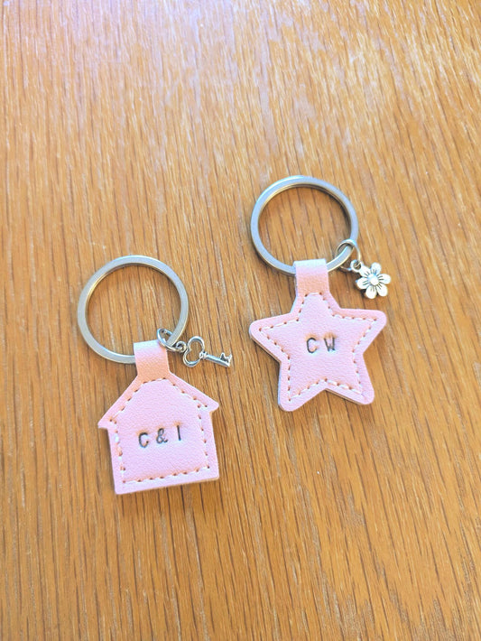 Personalized Faux Leather Keychain: House or Star Charm, Custom Initials