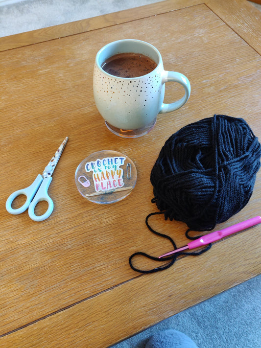 Crochet Lover Coaster, Crochet is my Happy Place', Craft Room Decor, Resin Paperweight, Unique Fun Gift for Crocheter, Knitting, Embroidery