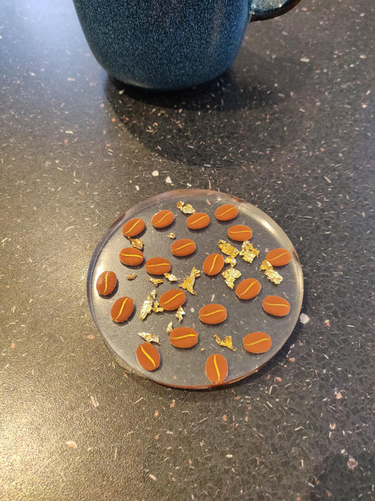 Handmade Resin Coffee Bean Coaster, Gold Leaf Inlay