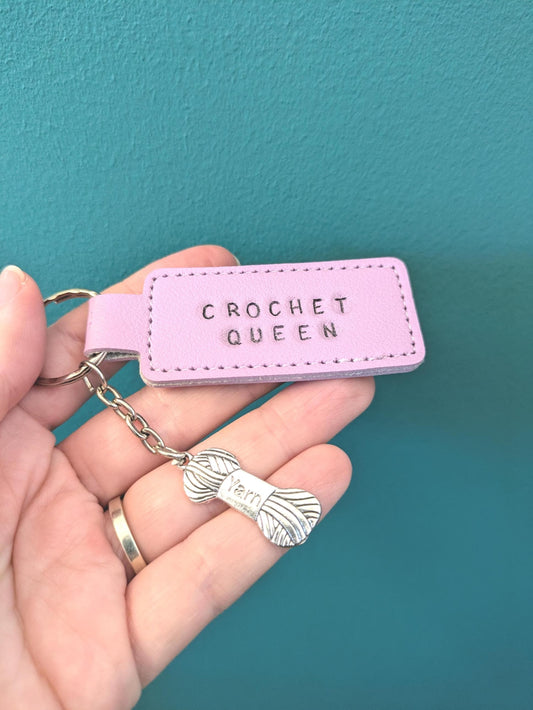 Crochet Queen Keychain, Yarn Lover Gift Crochet Gift for Her, Handmade Faux Leather Keyring, Cute Crochet Accessory, Yarn Bag Charm Handmade