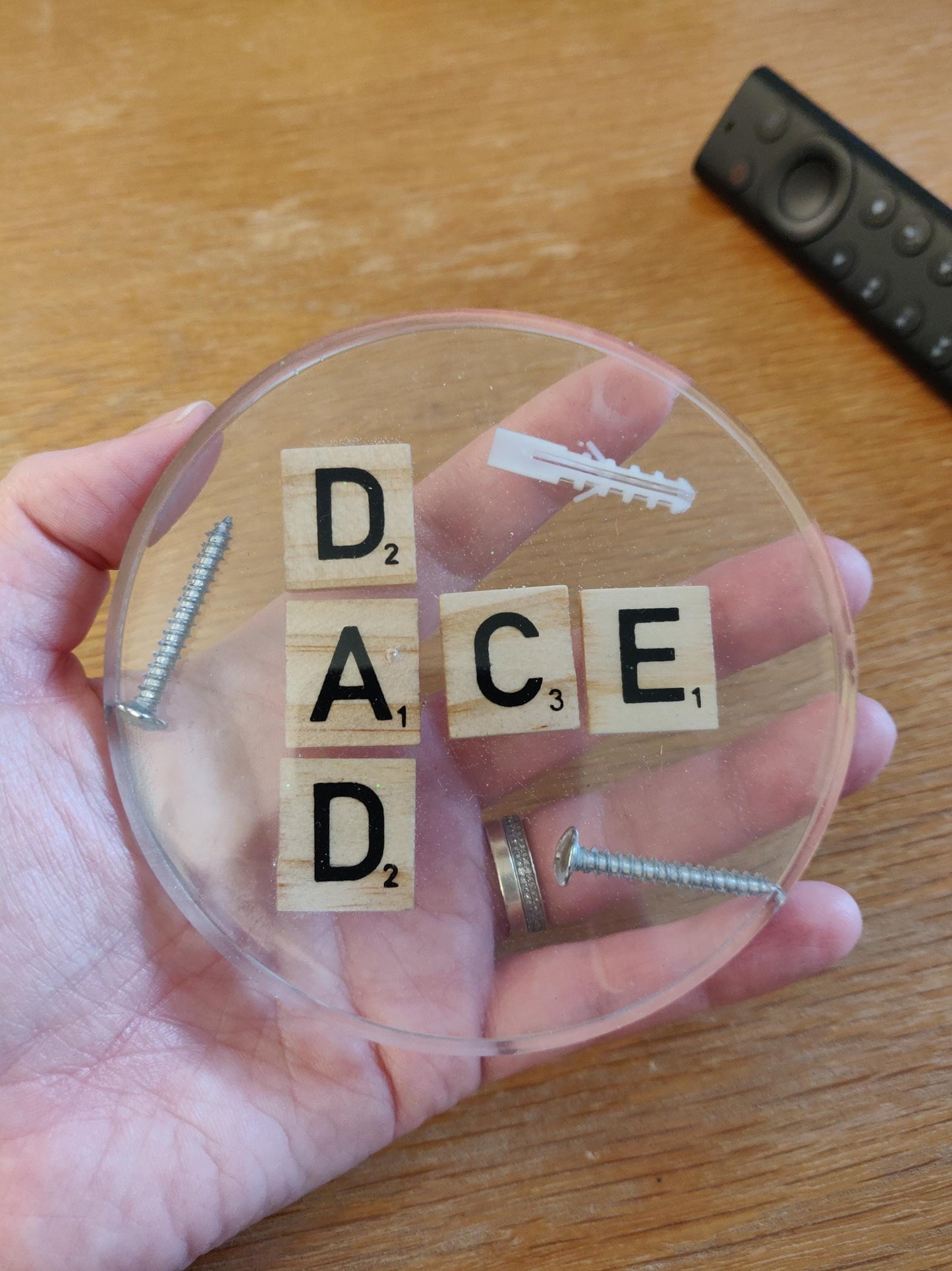 Handmade Resin Dad Coaster: Scrabble Tiles & Hardware