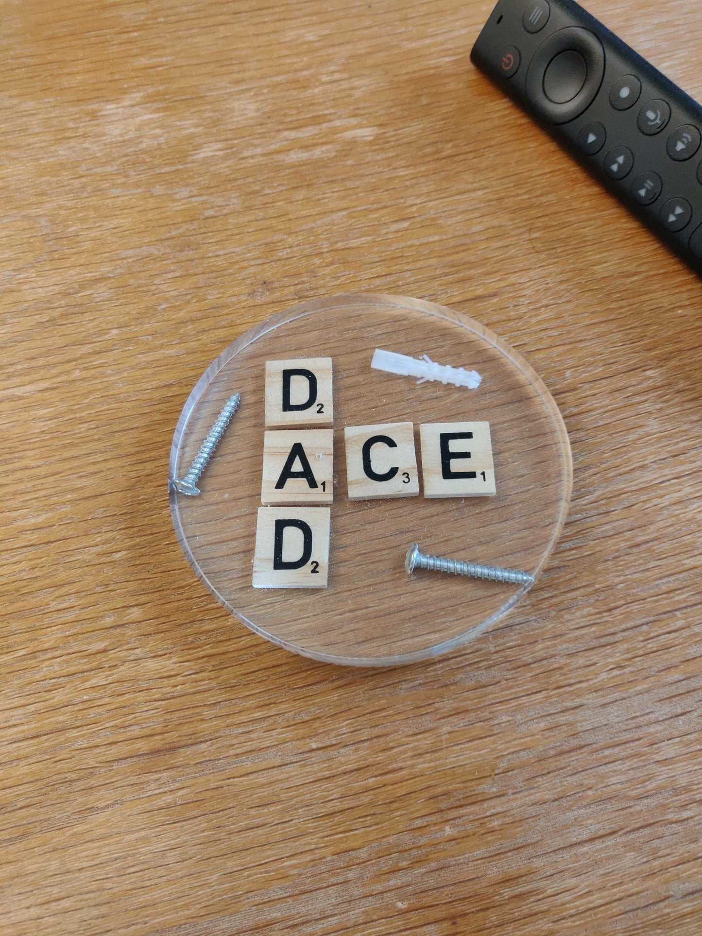 Handmade Resin Dad Coaster: Scrabble Tiles & Hardware