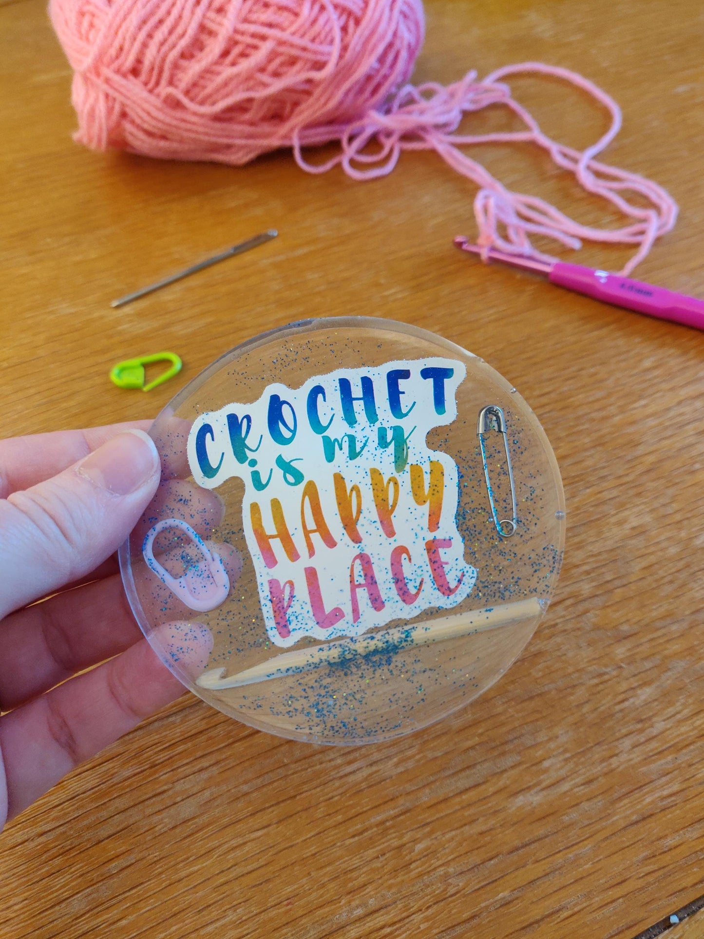 Crochet Lover Coaster, Crochet is my Happy Place', Craft Room Decor, Resin Paperweight, Unique Fun Gift for Crocheter, Knitting, Embroidery