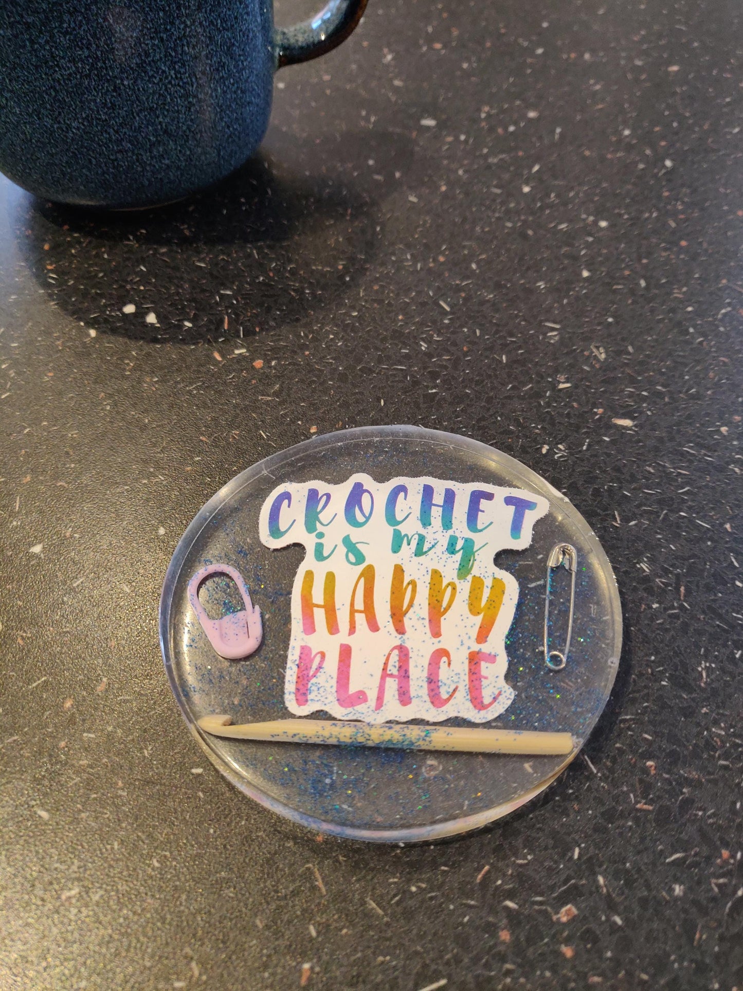 Crochet Lover Coaster, Crochet is my Happy Place', Craft Room Decor, Resin Paperweight, Unique Fun Gift for Crocheter, Knitting, Embroidery