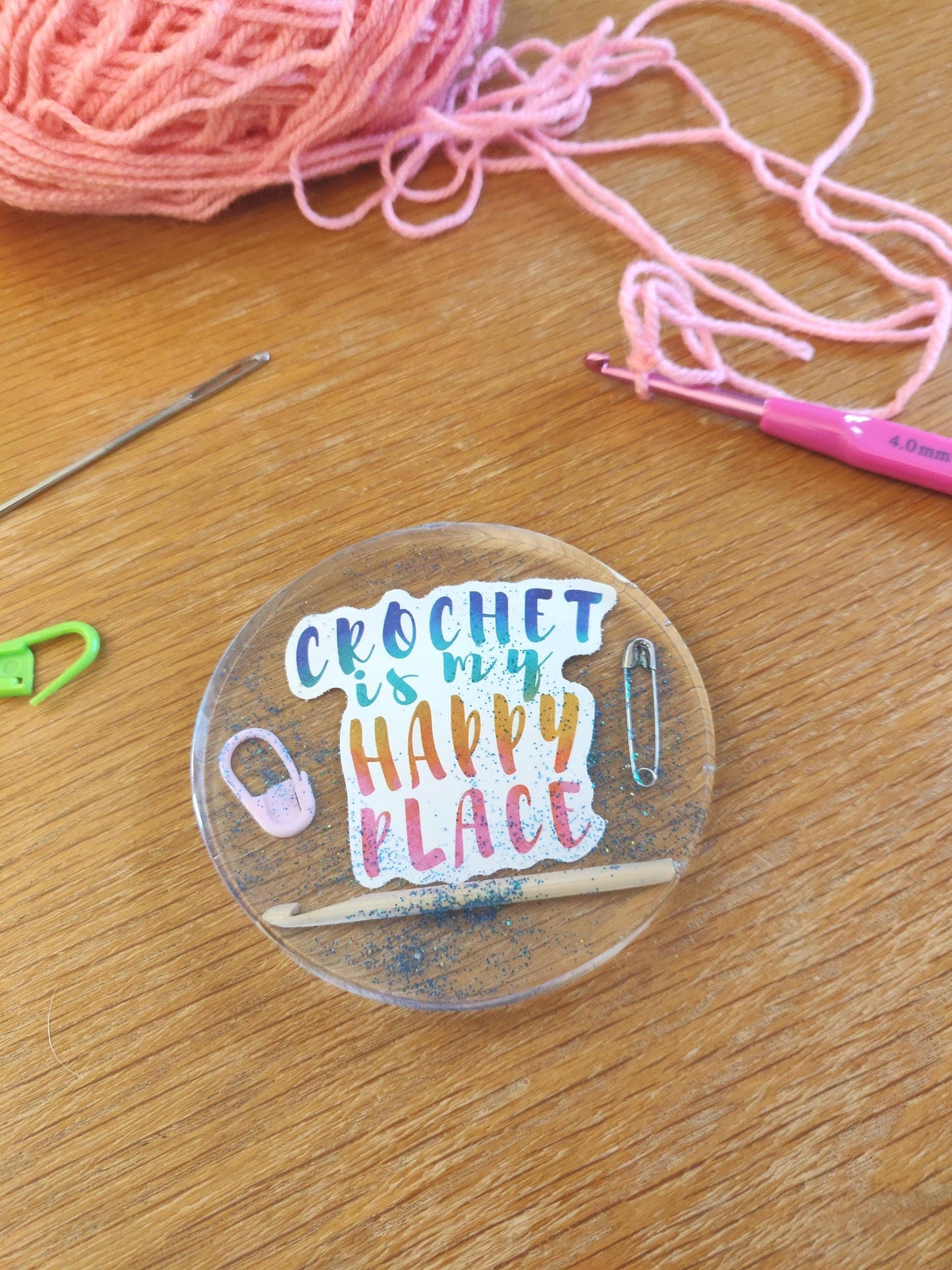 Crochet Lover Coaster, Crochet is my Happy Place', Craft Room Decor, Resin Paperweight, Unique Fun Gift for Crocheter, Knitting, Embroidery