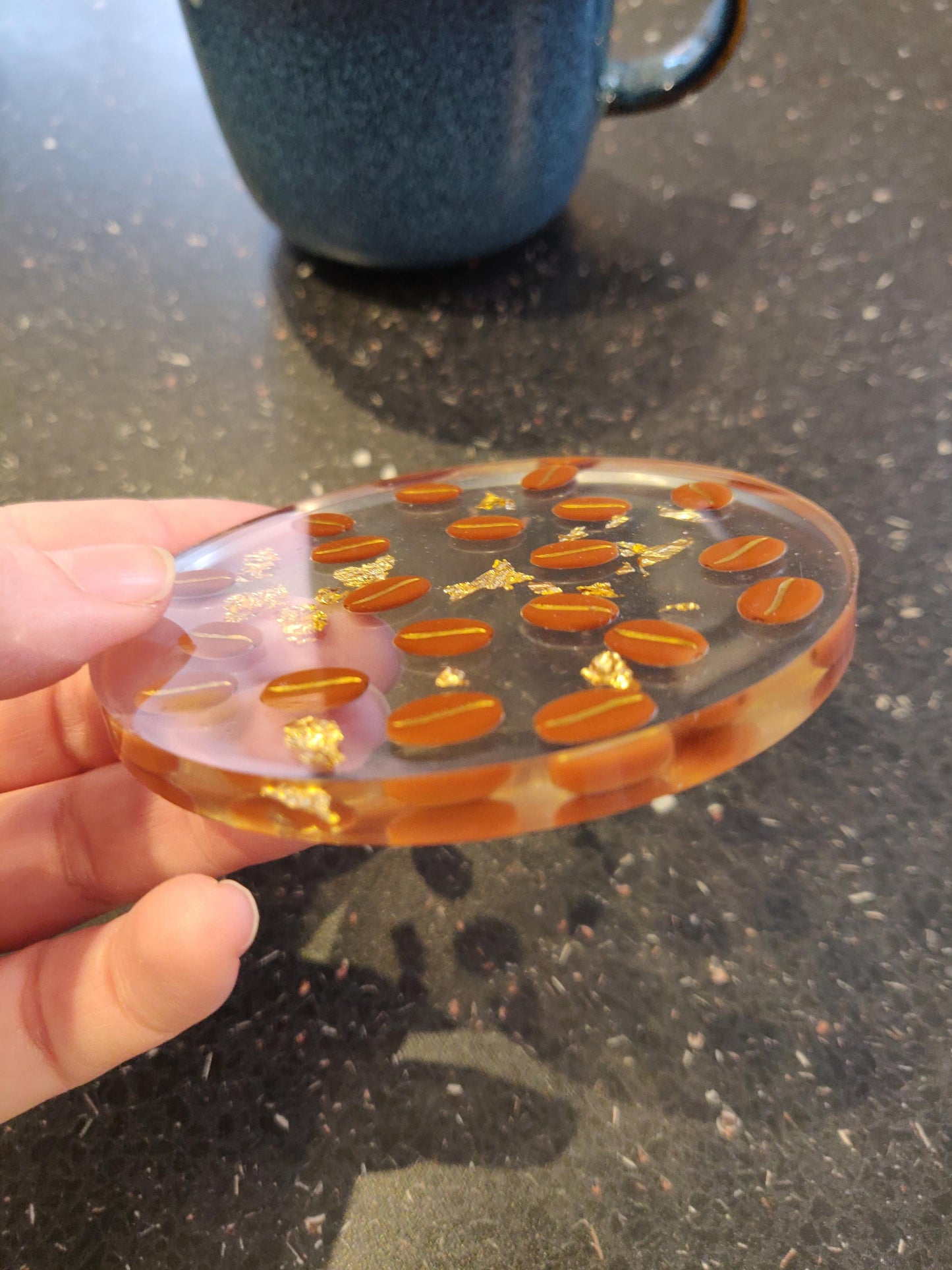 Handmade Resin Coffee Bean Coaster, Gold Leaf Inlay