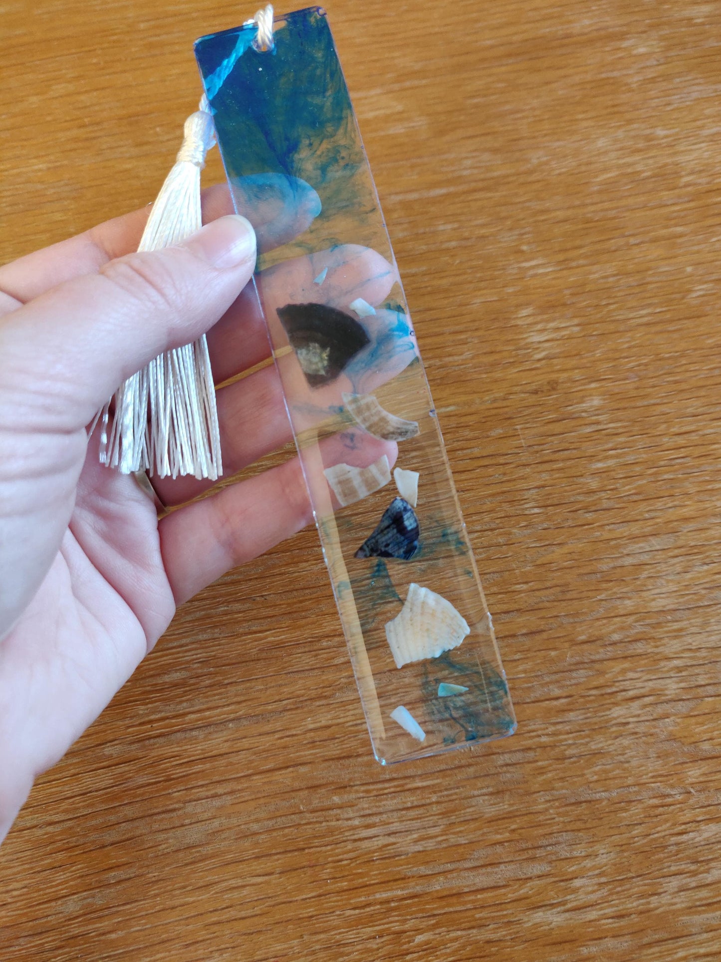 Seashell Resin Bookmark, Blue Waves and Tassel