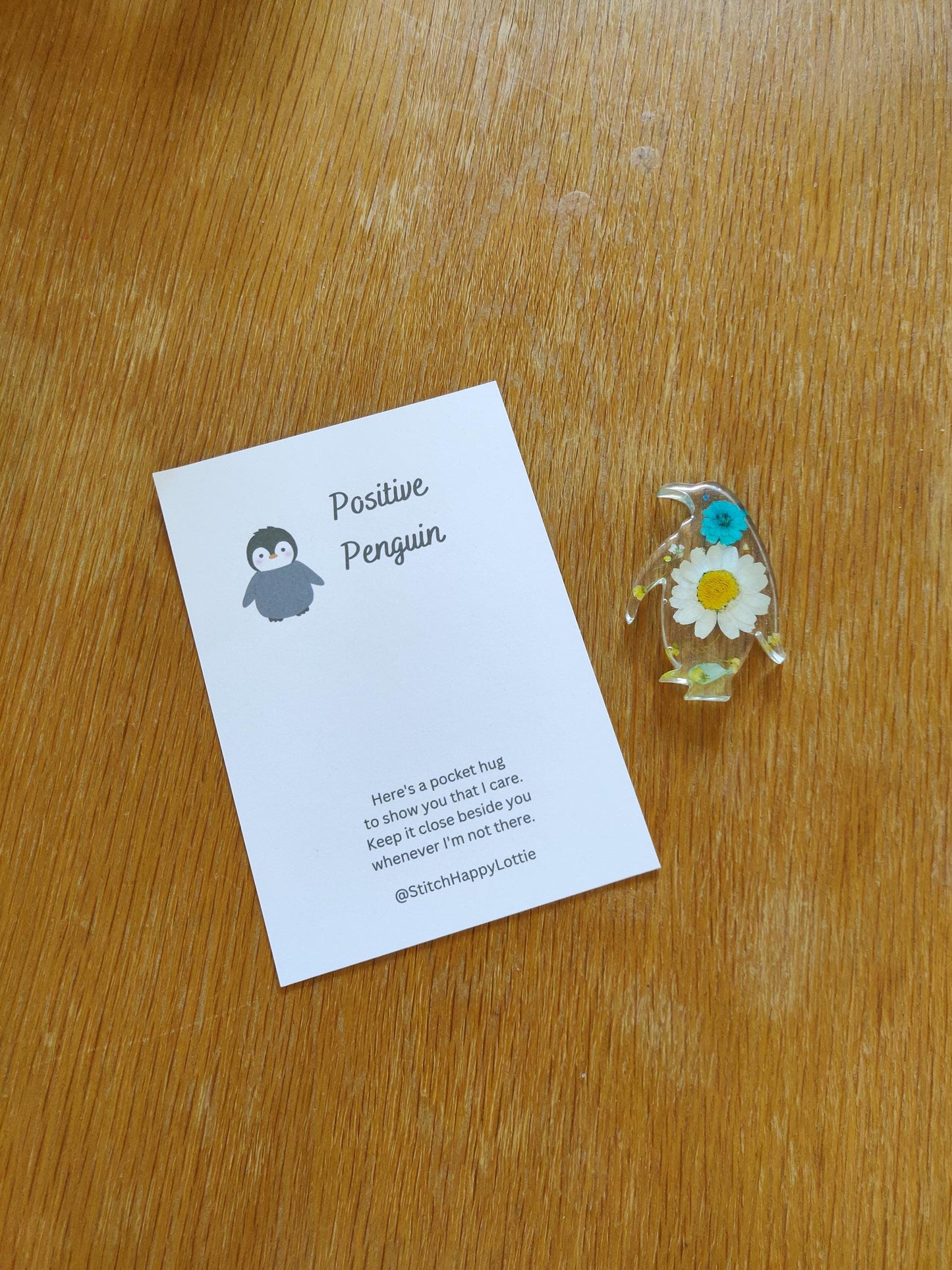 Positive Penguin Pocket Hug, Penguin Lover Gift, Mini Resin Flower Penguin, Crochet Penguin Gift For Friend, Exam Good Luck, School, Anxiety