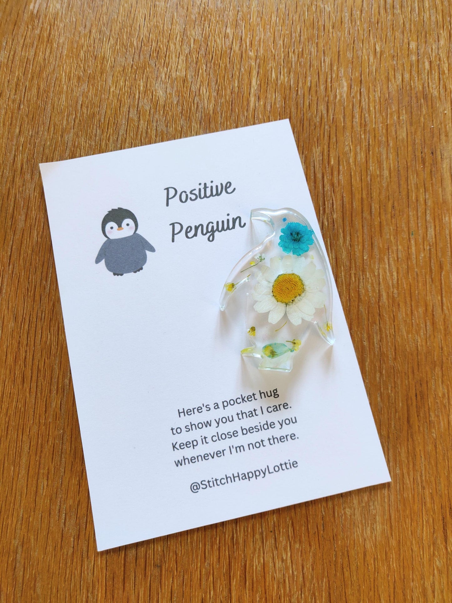 Positive Penguin Pocket Hug, Penguin Lover Gift, Mini Resin Flower Penguin, Crochet Penguin Gift For Friend, Exam Good Luck, School, Anxiety