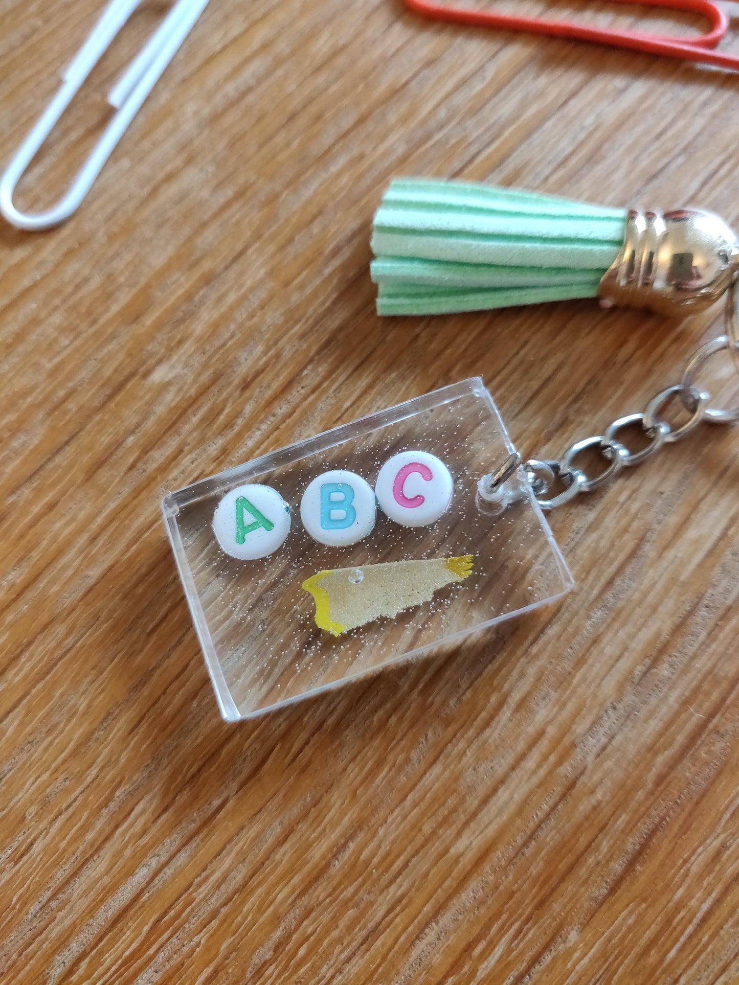 ABC Resin Teacher Keychain with Beads and Tassel