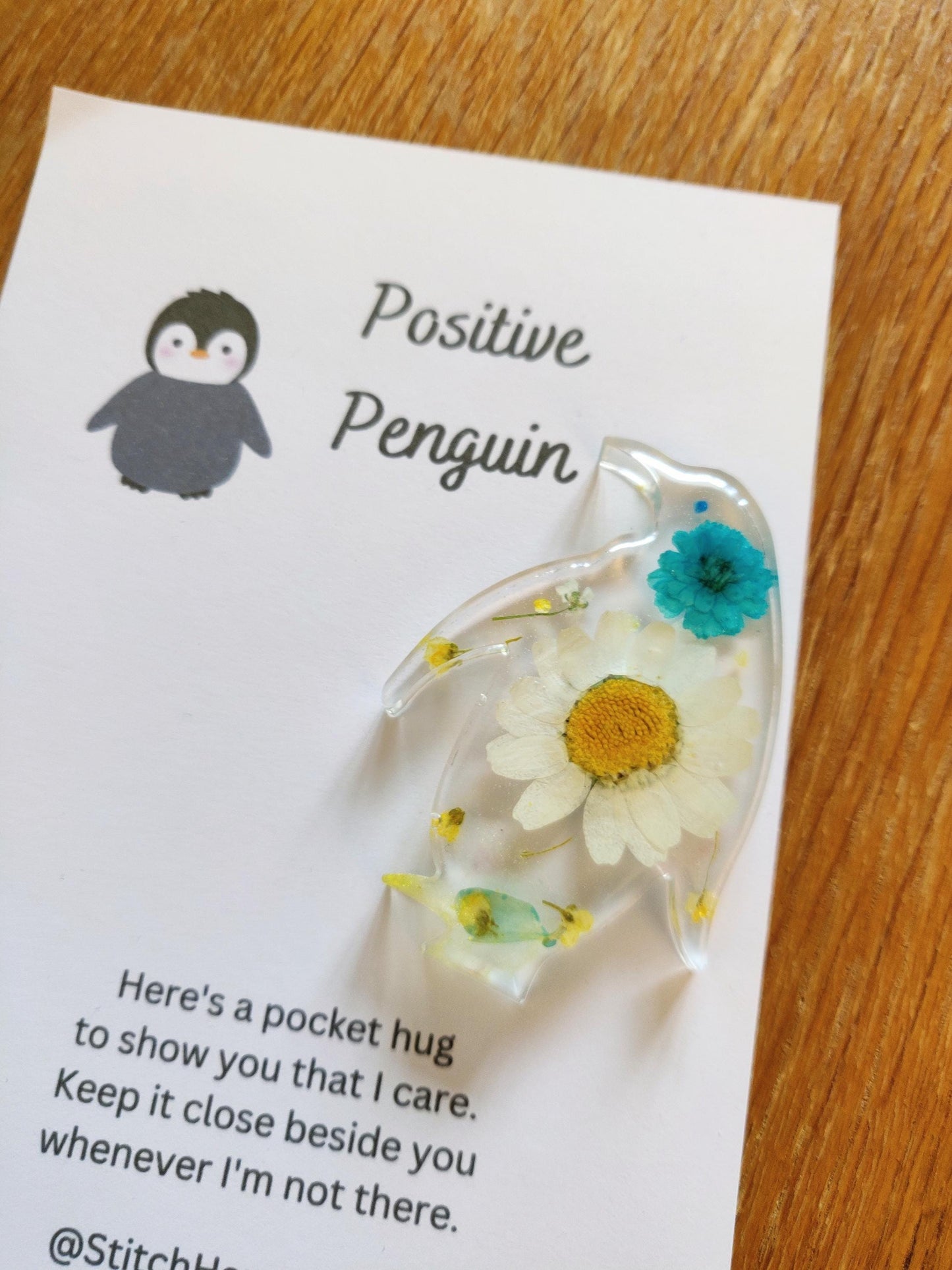 Positive Penguin Pocket Hug, Penguin Lover Gift, Mini Resin Flower Penguin, Crochet Penguin Gift For Friend, Exam Good Luck, School, Anxiety