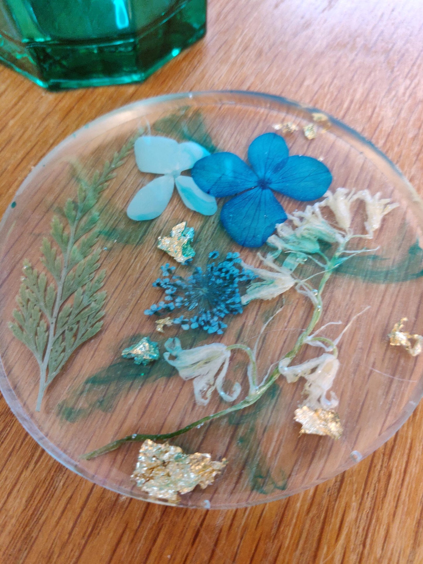 Handmade Floral Resin Coaster, Emerald Green and Blue Dried Flowers
