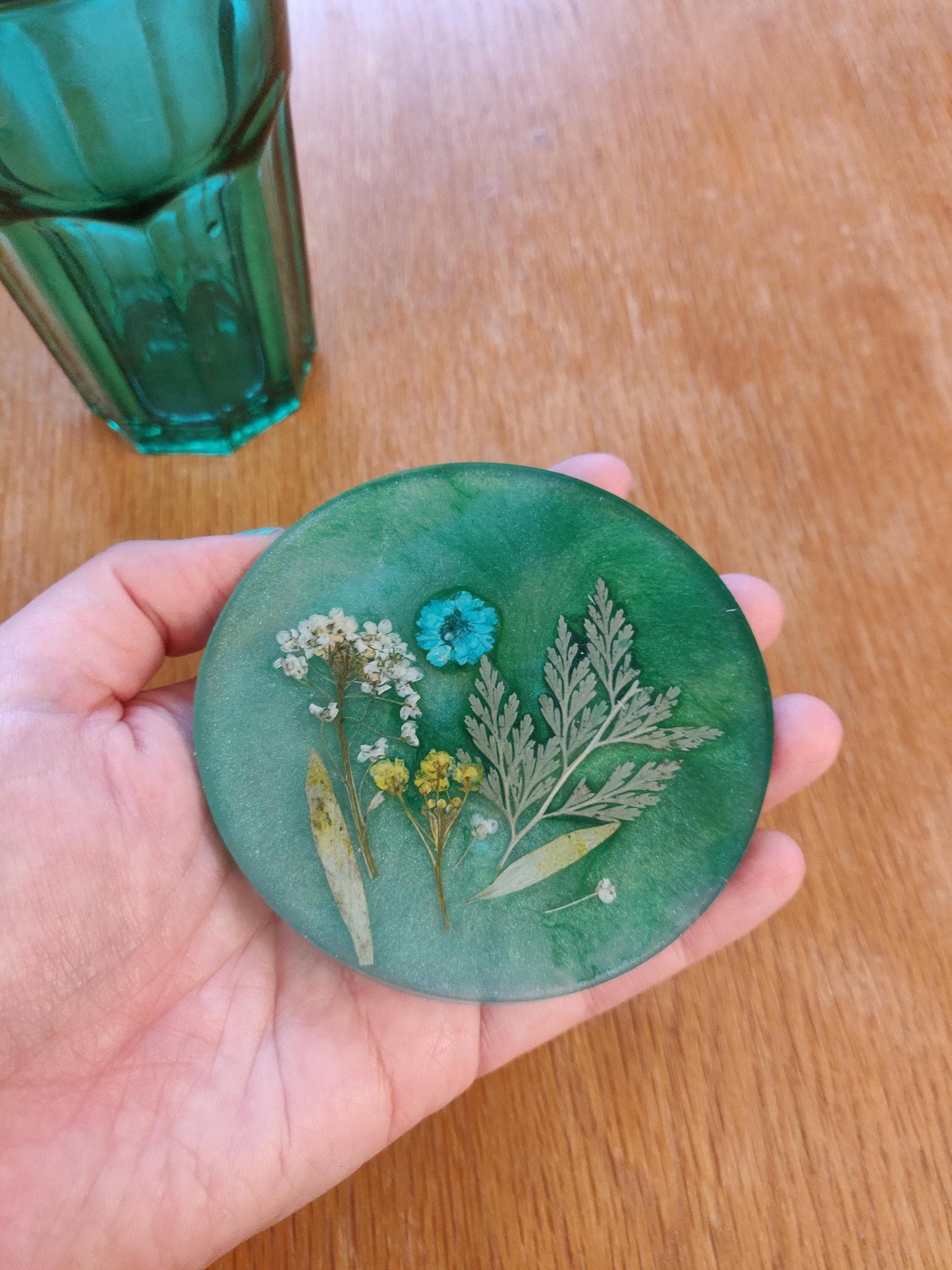 Handmade Floral Resin Coaster, Emerald Green and Blue Dried Flowers