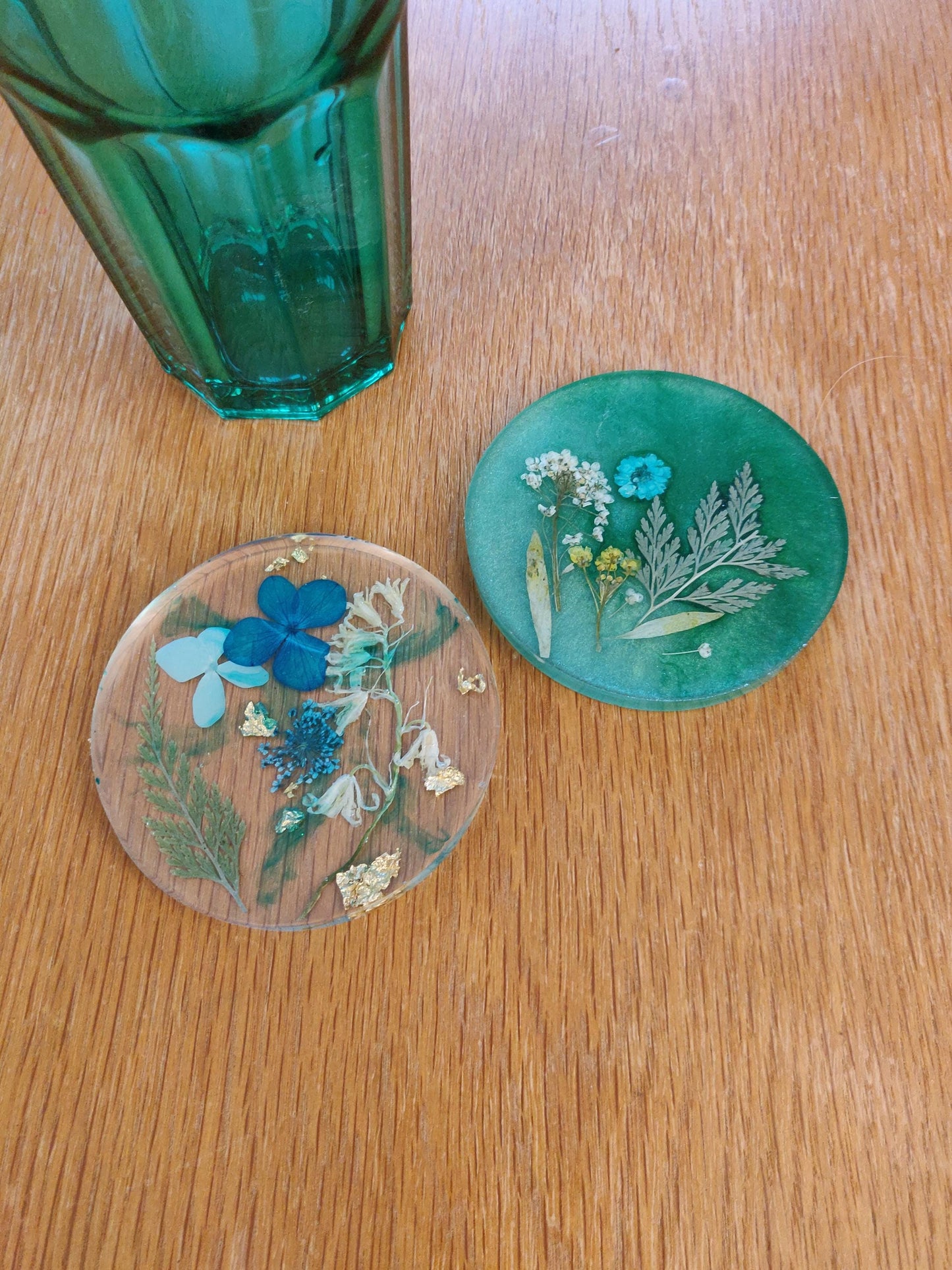 Handmade Floral Resin Coaster, Emerald Green and Blue Dried Flowers